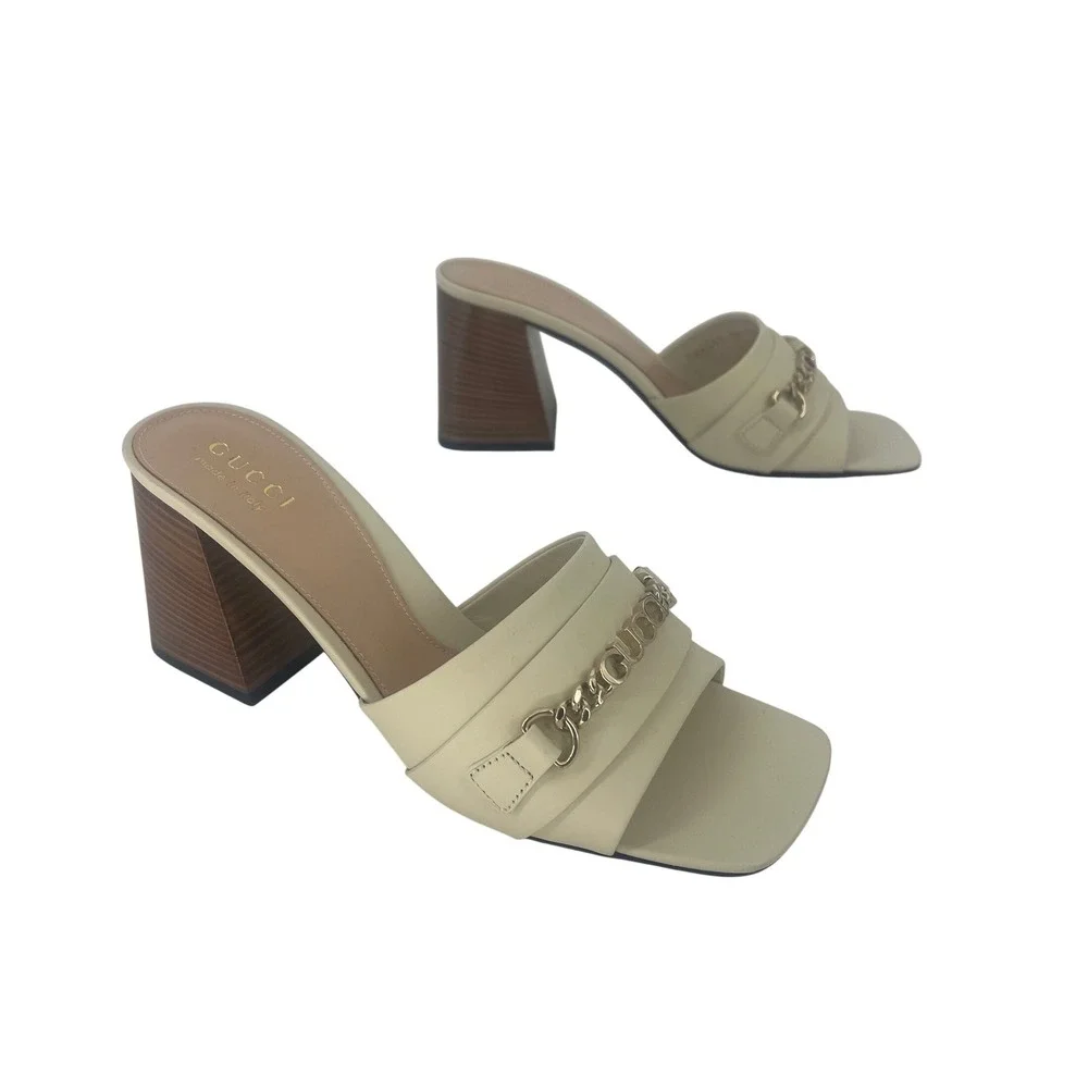 Gucci Signoria Slide Sandals White Leather Chain Heels Size 38